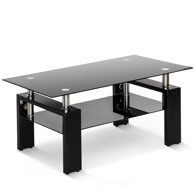 Glass living Room Coffee Table Black Modern Rectangle With Lower Shelf (Black-100CM)_1