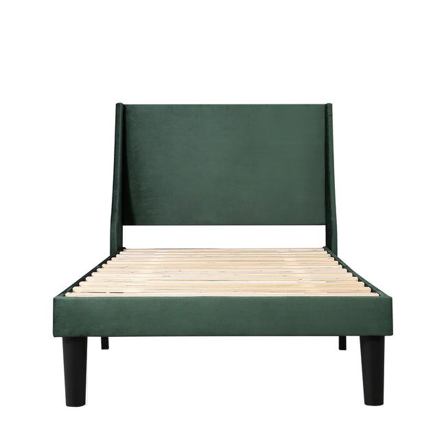 Single Bed Velvet Dark Green 3FT Upholstered Bed  with Winged Headboard, Wood Slat Support_12