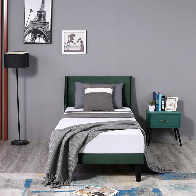 Single Bed Velvet Dark Green 3FT Upholstered Bed  with Winged Headboard, Wood Slat Support_16