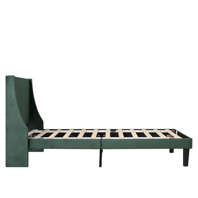Single Bed Velvet Dark Green 3FT Upholstered Bed  with Winged Headboard, Wood Slat Support_13