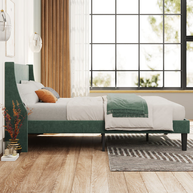 Single Bed Velvet Dark Green 3FT Upholstered Bed  with Winged Headboard, Wood Slat Support_1