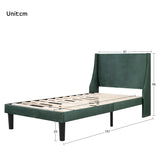 Single Bed Velvet Dark Green 3FT Upholstered Bed  with Winged Headboard, Wood Slat Support_4