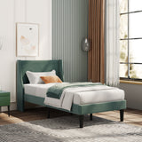 Single Bed Velvet Dark Green 3FT Upholstered Bed  with Winged Headboard, Wood Slat Support_0
