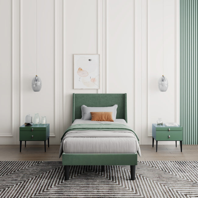 Single Bed Velvet Dark Green 3FT Upholstered Bed  with Winged Headboard, Wood Slat Support_2
