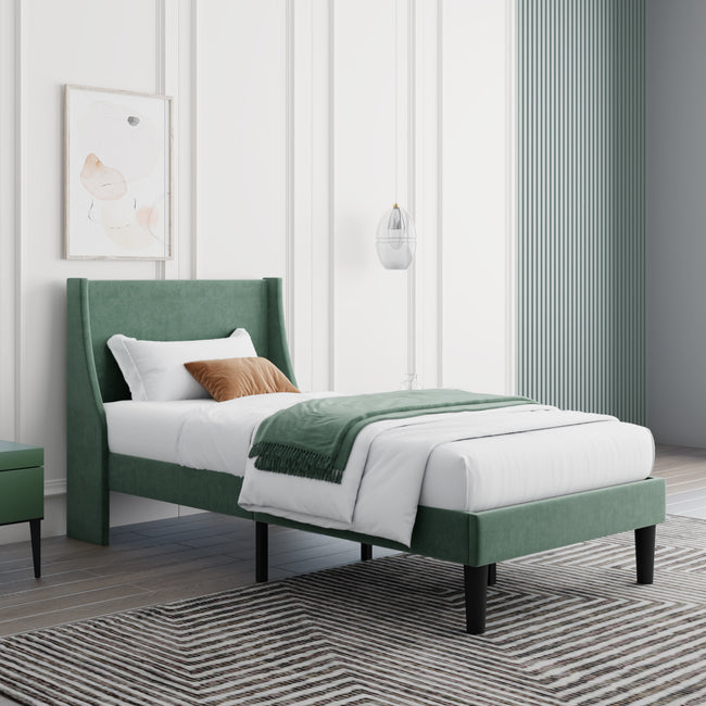 Single Bed Velvet Dark Green 3FT Upholstered Bed  with Winged Headboard, Wood Slat Support_3