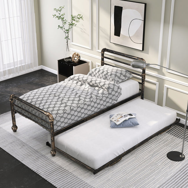Steel Daybed Frame with Guest Trundle Bed & Slats, Solid Metal Sofa Bed, 2 in 1  Bed Frame in Antique Bronze, Industrial Style& Vintage -3FT Single 90 x 190 cm_16