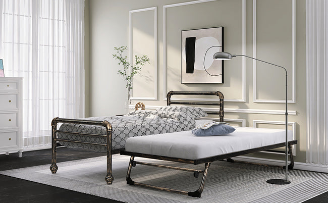 Steel Daybed Frame with Guest Trundle Bed & Slats, Solid Metal Sofa Bed, 2 in 1  Bed Frame in Antique Bronze, Industrial Style& Vintage -3FT Single 90 x 190 cm_0