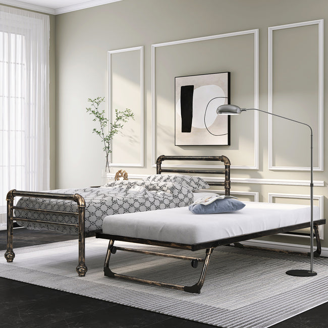 Steel Daybed Frame with Guest Trundle Bed & Slats, Solid Metal Sofa Bed, 2 in 1  Bed Frame in Antique Bronze, Industrial Style& Vintage -3FT Single 90 x 190 cm_25