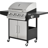 Gas  BBQ Grill 4 Burner+Side Burner Stainless Steel, Side Table Shelves and waterproof Cover Cast Iron Cooking Outdoor Garden barbecue grill, with House|Regulator|600D cover, Black and Silver_3