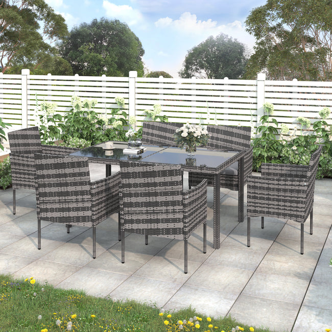 7 Pieces Grey Garden Dining Table and Chairs Outdoor Rattan Furniture Set with Rectangular Glass Top Weatherproof Wicker Rattan Outdoor Conservatory 6 Seater Patio Furniture Set_0