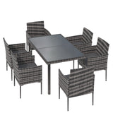 7 Pieces Grey Garden Dining Table and Chairs Outdoor Rattan Furniture Set with Rectangular Glass Top Weatherproof Wicker Rattan Outdoor Conservatory 6 Seater Patio Furniture Set_3