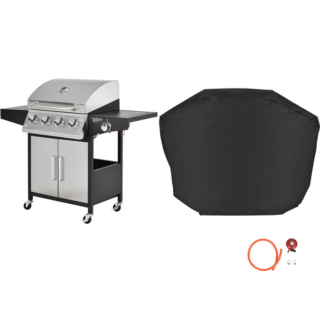 Gas  BBQ Grill 4 Burner+Side Burner Stainless Steel, Side Table Shelves and waterproof Cover Cast Iron Cooking Outdoor Garden barbecue grill, with House|Regulator|600D cover, Black and Silver_4