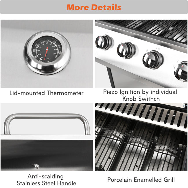 Gas  BBQ Grill 4 Burner+Side Burner Stainless Steel, Side Table Shelves and waterproof Cover Cast Iron Cooking Outdoor Garden barbecue grill, with House|Regulator|600D cover, Black and Silver_28