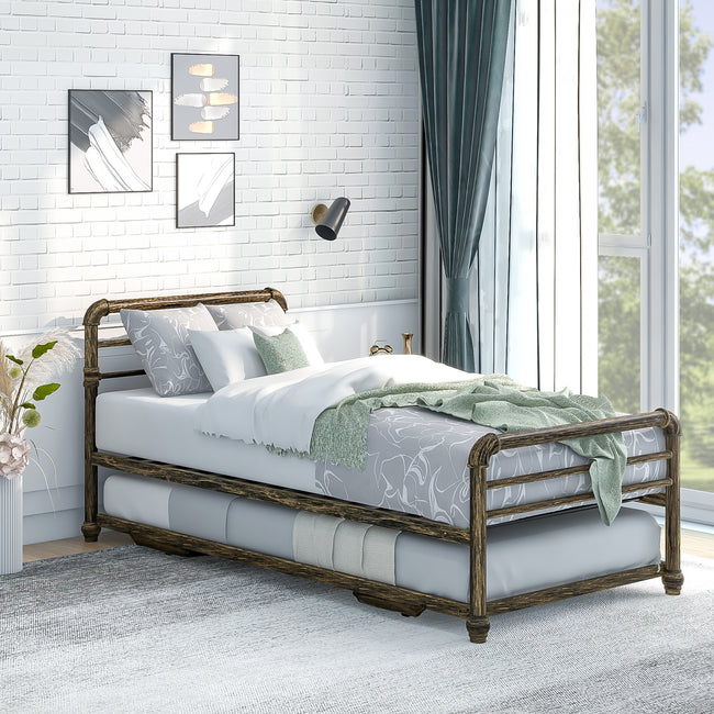 Steel Daybed Frame with Guest Trundle Bed & Slats, Solid Metal Sofa Bed, 2 in 1  Bed Frame in Antique Bronze, Industrial Style& Vintage -3FT Single 90 x 190 cm_13