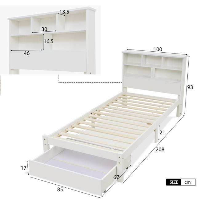 Bed with Shelves, White Wooden Storage Bed, Underbed Drawer - 3FT Single (90 x 190 cm) Frame Only_22