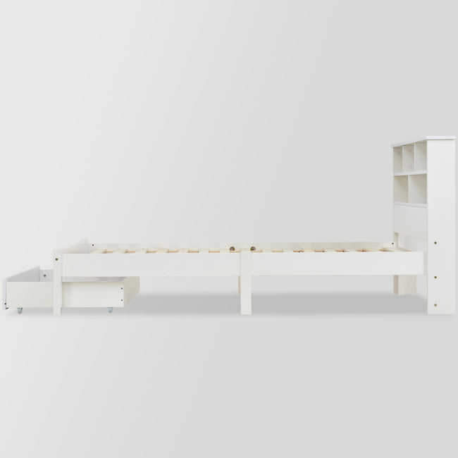 Bed with Shelves, White Wooden Storage Bed, Underbed Drawer - 3FT Single (90 x 190 cm) Frame Only_15