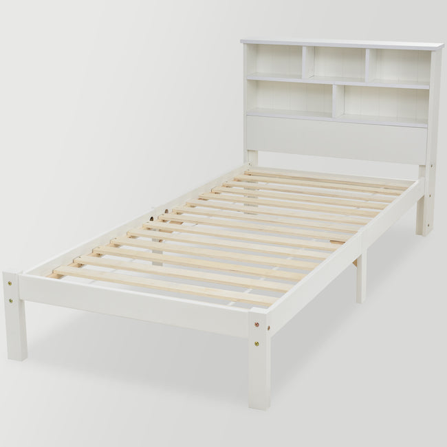 Bed with Shelves, White Wooden Storage Bed, Underbed Drawer - 3FT Single (90 x 190 cm) Frame Only_11