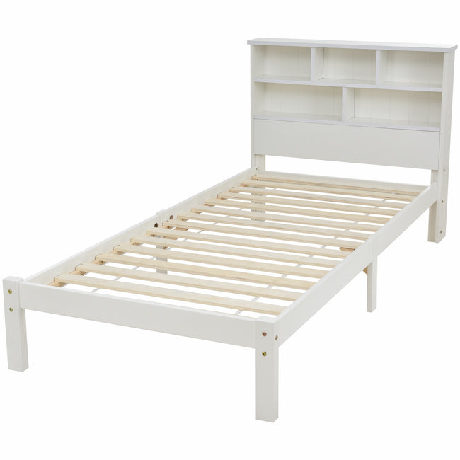 Bed with Shelves, White Wooden Storage Bed, Underbed Drawer - 3FT Single (90 x 190 cm) Frame Only_7