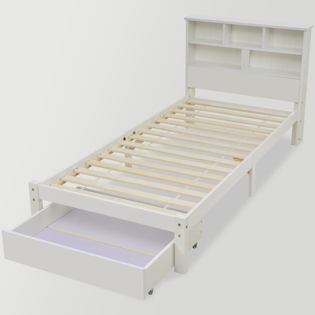 Bed with Shelves, White Wooden Storage Bed, Underbed Drawer - 3FT Single (90 x 190 cm) Frame Only_33