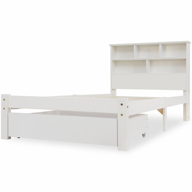Bed with Shelves, White Wooden Storage Bed, Underbed Drawer - 3FT Single (90 x 190 cm) Frame Only_19