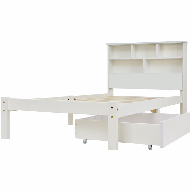 Bed with Shelves, White Wooden Storage Bed, Underbed Drawer - 3FT Single (90 x 190 cm) Frame Only_16