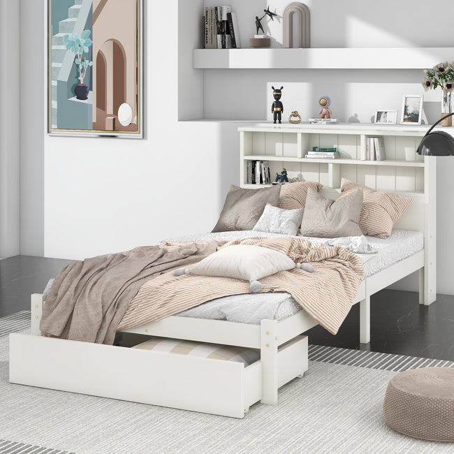 Bed with Shelves, White Wooden Storage Bed, Underbed Drawer - 3FT Single (90 x 190 cm) Frame Only_30