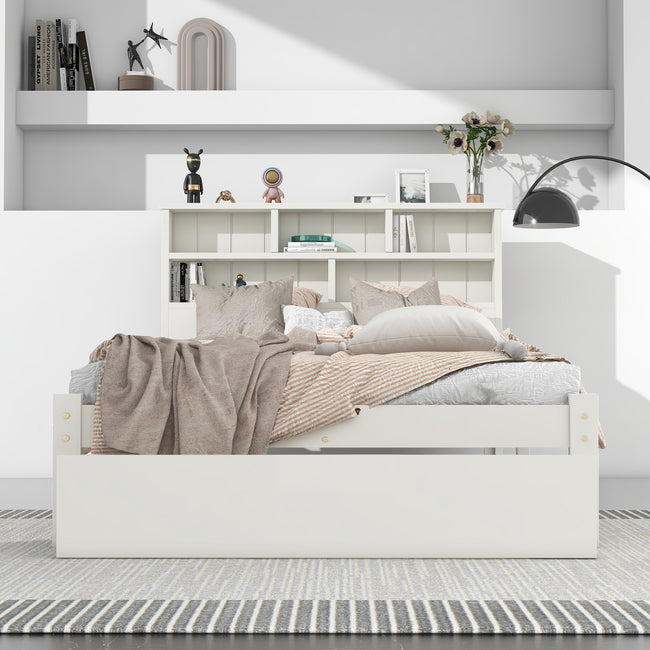 Bed with Shelves, White Wooden Storage Bed, Underbed Drawer - 3FT Single (90 x 190 cm) Frame Only_31