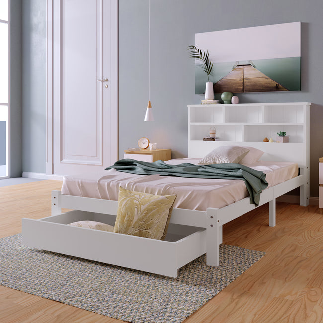 Bed with Shelves, White Wooden Storage Bed, Underbed Drawer - 3FT Single (90 x 190 cm) Frame Only_23