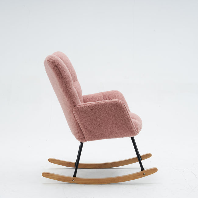 Mid Century Modern Teddy Fabric Tufted Upholstered Rocking Chair Padded Seat For Living Room Bedroom,Pink_13