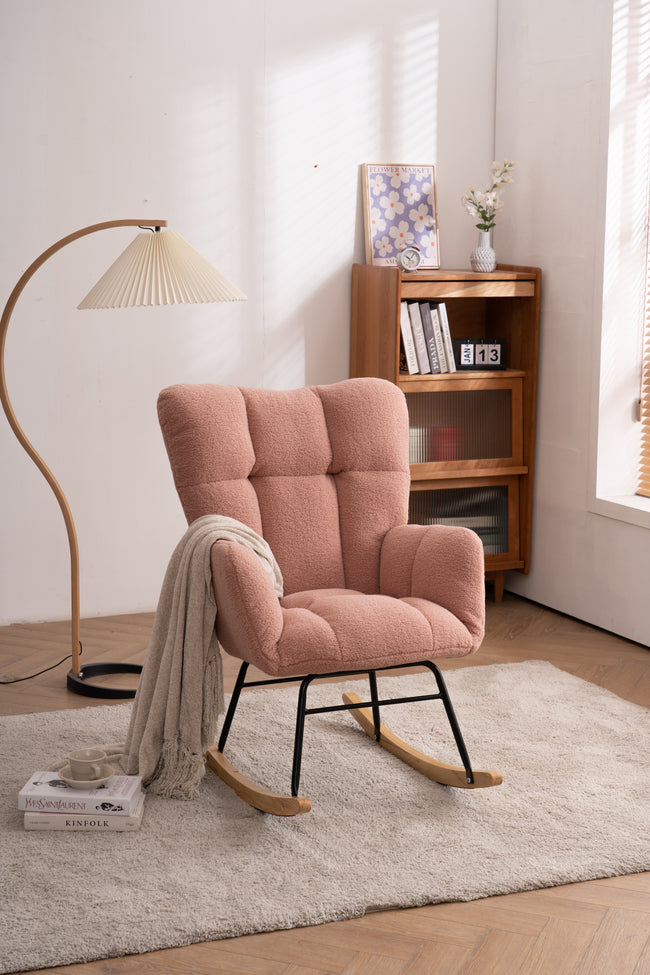 Mid Century Modern Teddy Fabric Tufted Upholstered Rocking Chair Padded Seat For Living Room Bedroom,Pink_5