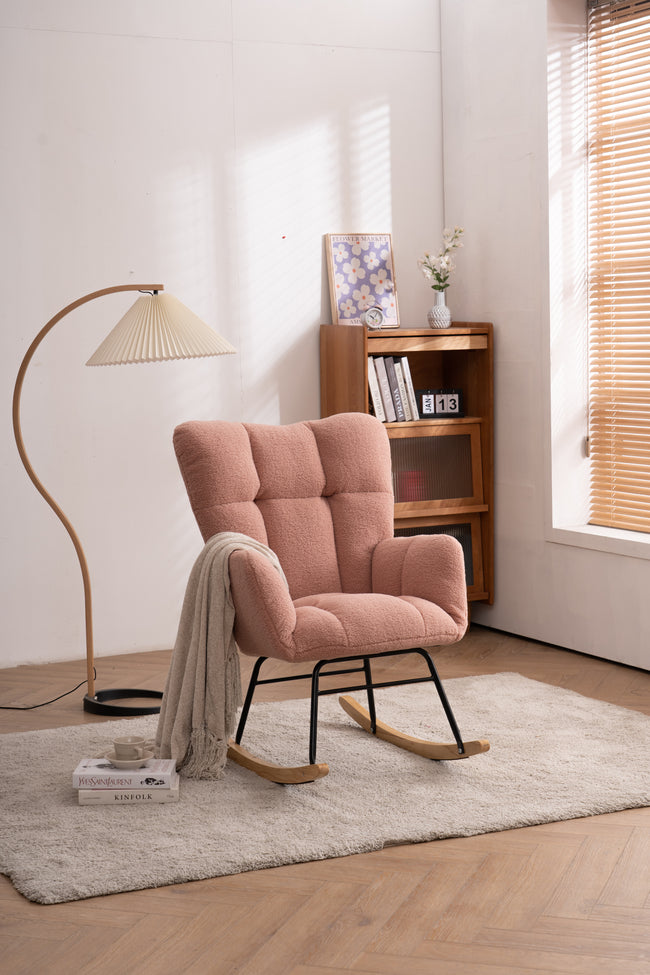 Mid Century Modern Teddy Fabric Tufted Upholstered Rocking Chair Padded Seat For Living Room Bedroom,Pink_3