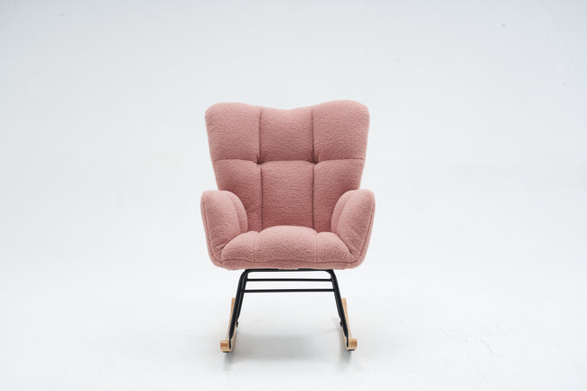 Mid Century Modern Teddy Fabric Tufted Upholstered Rocking Chair Padded Seat For Living Room Bedroom,Pink_12