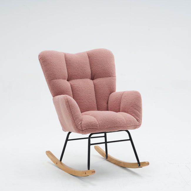 Mid Century Modern Teddy Fabric Tufted Upholstered Rocking Chair Padded Seat For Living Room Bedroom,Pink_14