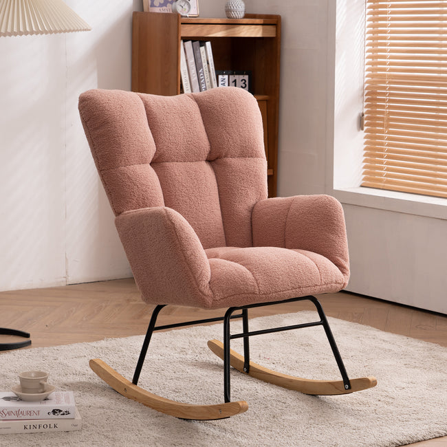 Mid Century Modern Teddy Fabric Tufted Upholstered Rocking Chair Padded Seat For Living Room Bedroom,Pink_0
