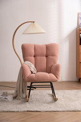 Mid Century Modern Teddy Fabric Tufted Upholstered Rocking Chair Padded Seat For Living Room Bedroom,Pink_2