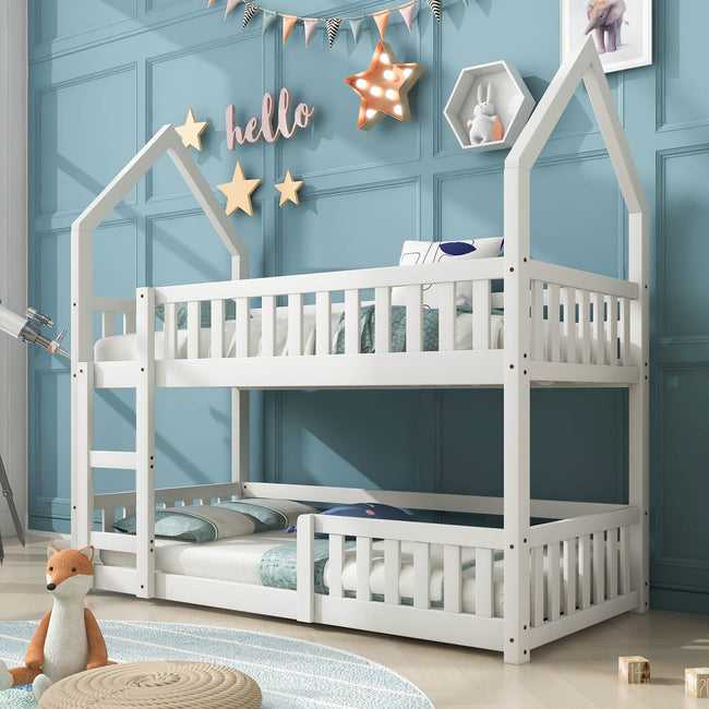 Bunk Bed, Twin Sleeper Bed with Ladder, Solid Wood Frame 3FT Single bed, Gaming Bed,  Castle-shaped Bed 90 x 190 cm Children's Bed room Furniture, Wooden Bed Frame for Kids Children (White)_13