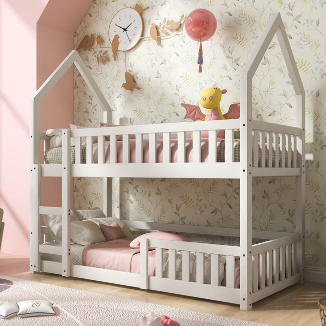 Bunk Bed, Twin Sleeper Bed with Ladder, Solid Wood Frame 3FT Single bed, Gaming Bed,  Castle-shaped Bed 90 x 190 cm Children's Bed room Furniture, Wooden Bed Frame for Kids Children (White)_0