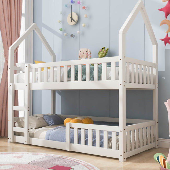 Bunk Bed, Twin Sleeper Bed with Ladder, Solid Wood Frame 3FT Single bed, Gaming Bed,  Castle-shaped Bed 90 x 190 cm Children's Bed room Furniture, Wooden Bed Frame for Kids Children (White)_17