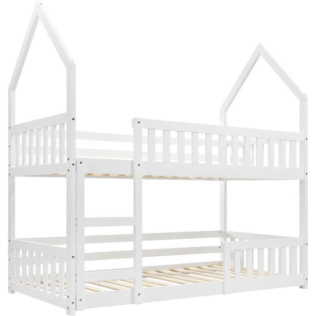 Bunk Bed, Twin Sleeper Bed with Ladder, Solid Wood Frame 3FT Single bed, Gaming Bed,  Castle-shaped Bed 90 x 190 cm Children's Bed room Furniture, Wooden Bed Frame for Kids Children (White)_2