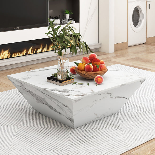 Marbling Veneer (PVC)Coffee Table for Living Room Tea Table Large Side Table with 2 Cabinet White Square Nesting Table Side Table Wooden Centre Table Console Sofa Table with Storage 70*70*36c_0