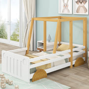 Car bed, Jeep bed, Children's bed with MDF wheels, Pine frame, White + Natural (90x190cm)_0