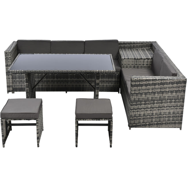 7 Seater PE Rattan Garden Patio Corner Sofa Set with Glass topped 130*75cm Dinning Table, with Side Storage and Cushions, Grey_8