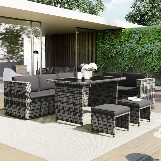 7 Seater PE Rattan Garden Patio Corner Sofa Set with Glass topped 130*75cm Dinning Table, with Side Storage and Cushions, Grey_1
