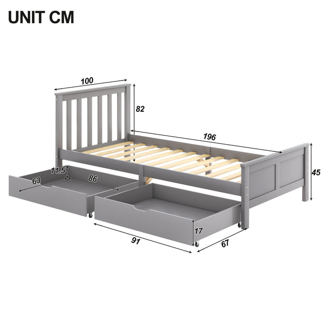 (Mattress not included) Wooden Solid Gray Pine Storage Bed with Drawers Bed Furniture Frame for Adults, Kids, Teenagers 3ft Single (Gray 190x90cm)_5