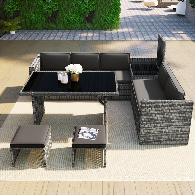 7 Seater PE Rattan Garden Patio Corner Sofa Set with Glass topped 130*75cm Dinning Table, with Side Storage and Cushions, Grey_2