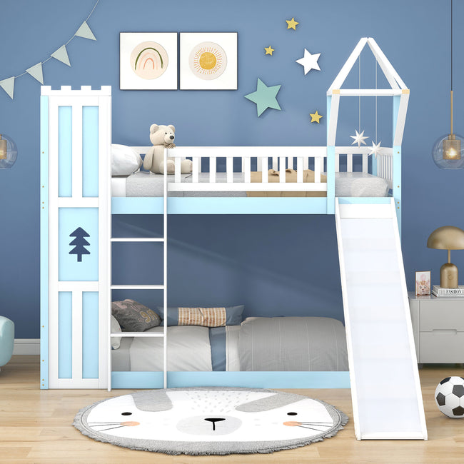 Children's Bunk Bed Frame with Slide & Ladder, Bunk Bed for Kids with Ladder and Slide (Blue, 90x190cm)_0