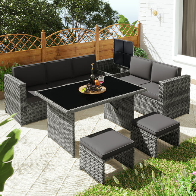 7 Seater PE Rattan Garden Patio Corner Sofa Set with Glass topped 130*75cm Dinning Table, with Side Storage and Cushions, Grey_0