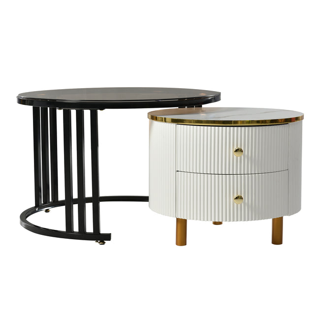 2 in 1 Round MDF Coffee Table, Side Table with 1 Marble Effect and 1 Brown Tempered Glass Top, 2 Drawers Coffee Table Combo for Living Room, 70*70*45 + 50*50*40cm_18