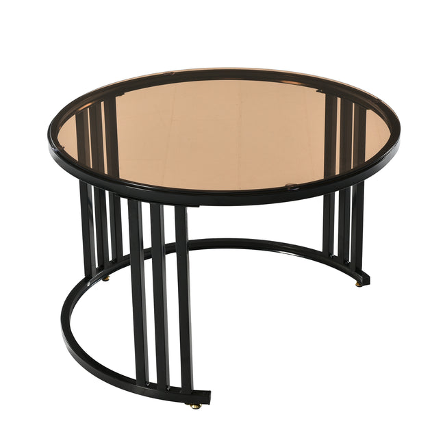 2 in 1 Round MDF Coffee Table, Side Table with 1 Marble Effect and 1 Brown Tempered Glass Top, 2 Drawers Coffee Table Combo for Living Room, 70*70*45 + 50*50*40cm_14