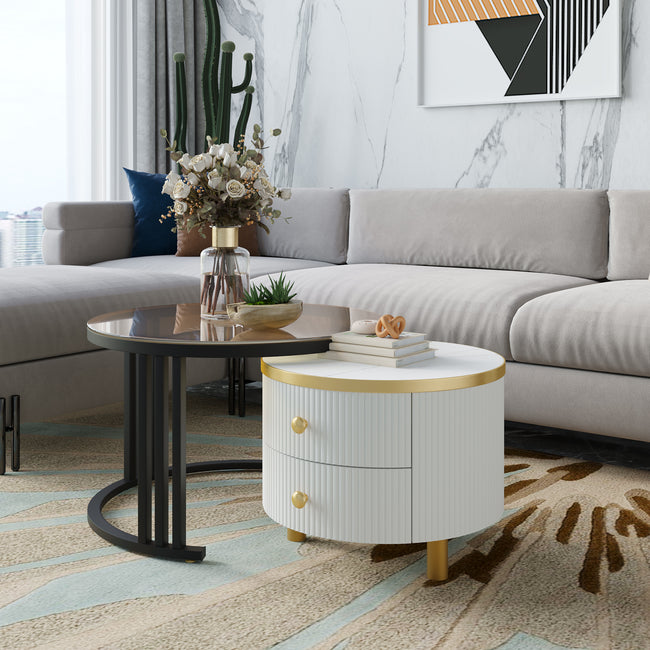 2 in 1 Round MDF Coffee Table, Side Table with 1 Marble Effect and 1 Brown Tempered Glass Top, 2 Drawers Coffee Table Combo for Living Room, 70*70*45 + 50*50*40cm_2